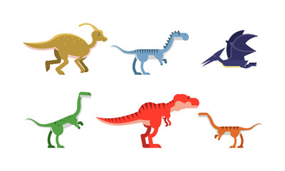 Ancient Dinosaurus Of Different Kind And Color Vector Illustrations Set Cartoon Character