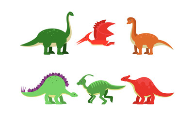 Enormous Big Dinosaurus Of Different Kind And Color Vector Illustrations Set Cartoon Character