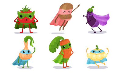 Cute Animated Vegetables In Different Poses Cartoon Character Vector Illustration Set