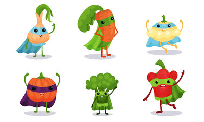 Cute Animated Vegetables In Superhero Cloaks Cartoon Character Vector Illustration