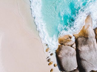 Aerial drone perspective of Little Beach, Albany, Western Australia. This paradise is found in...