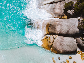 Aerial drone perspective of Little Beach, Albany, Western Australia. This paradise is found in southern Australia with large waves and giant boulders
