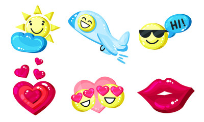 Cartoon Smiling Sticker Set. Flat Isolated Symbols