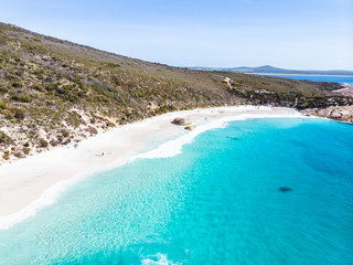 Aerial drone perspective of Little Beach, Albany, Western Australia. This paradise is found in...