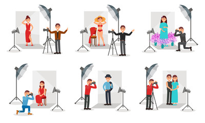Photographer With Camera Photographing People Vector Illustration Set