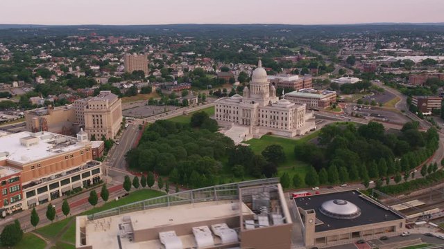 Providence, Rhode Island circa-2019.  Aerial view of Providence.  Shot from helicopter with Cineflex gimbal and RED 8K camera.