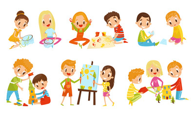 Obraz na płótnie Canvas Small Kids Doing Different Things Together Vector Illustration