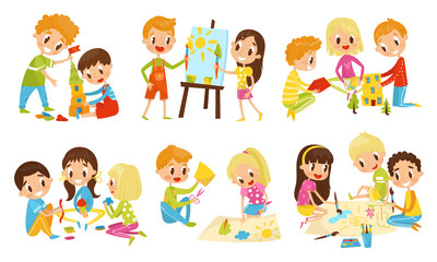 Obraz na płótnie Canvas Small Kids Doing Different Things Together Vector Illustration