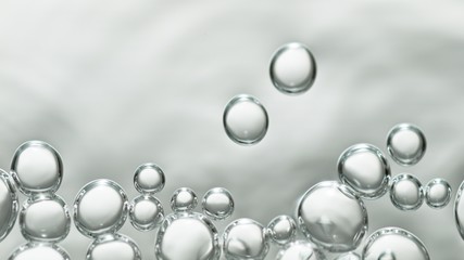 transparent gas bubbles on water surface. Worms-eye low angle with crystal bubbles in purified water on white background. cosmetic backdrop with copy space