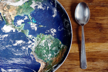 The planet Earth plate with a fork and knife on a wooden background. World hunger concept. Feed the...