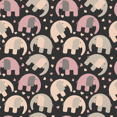 Hand drawn vector seamless pattern, cute elephants on dark background