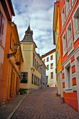 Romantic cobblestone alley with colorful houses in the old town of Baden-Baden, Baden-Wurttemberg, Germany.