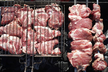 meat is fried on the grill over the coals during the barbecue season