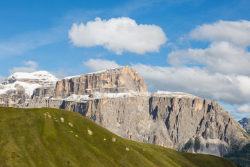 Sella group with snow in UNESCO world heritage Dolomites