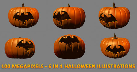 bat silhouette carved on Halloween pumpkins - 6 detailed isolated images, large scale 3D illustration of objects