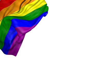 wonderful Gay Pride flag with big folds lay in top left corner isolated on white - any celebration flag 3d illustration..