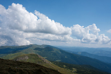 Fototapeta premium Summer landscape in the Carpathian mountains. View from the mountain peak Hoverla. Ukrainian mountain Carpathian Hoverla, view from the top.