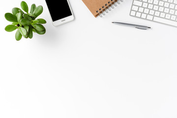 Elegant workspace with business accessories isolated on white background with copyspace. Office...