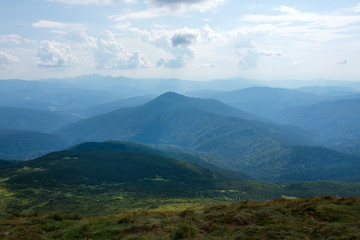 Naklejka premium Summer landscape in the Carpathian mountains. View from the mountain peak Hoverla. Ukrainian mountain Carpathian Hoverla, view from the top.