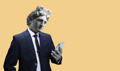 Modern art collage. Concept portrait of a  businessman  holding mobile smartphone using app texting...