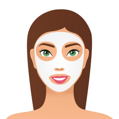 Beautiful young woman applying scrub mask on face, closeup. Woman with a cosmetic face mask. Smiling girl portrait. Spa day concept Vector illustration