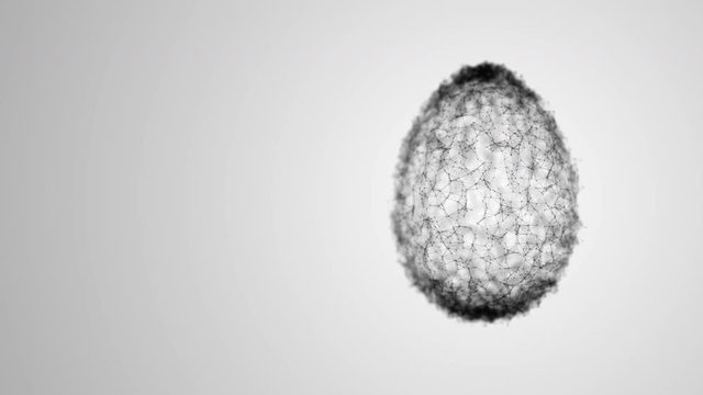 Chicken, ostrich egg from polygons changes the structure. Points, lines are deformed. Gray background. Postcrop. 3D render.