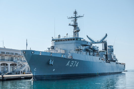 Trieste ,Italy, August 8, 2017: Hs Prometheus A-374 General Support Ship Etna type. Is an auxiliary ship, moored at pier of the Trieste Commercial Sea Port.