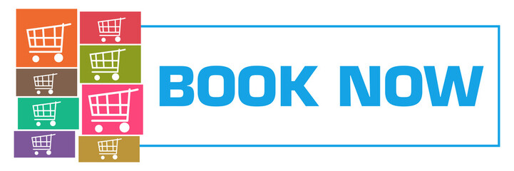 Book Now Colorful Shopping Carts Grid Left Box Horizontal 