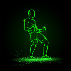 Soccer winner gesture silhouette of a football player. Vector green neon sport victory illustration.