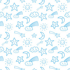 Cute seamless kids pattern with smiling shooting stars, sun, crescent moon and clouds with rainbow