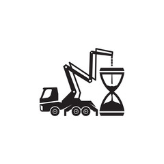 Fototapeta premium Concrete pump truck silhouettes logo. Concrete pump truck conveyed concrete on sand glass.
