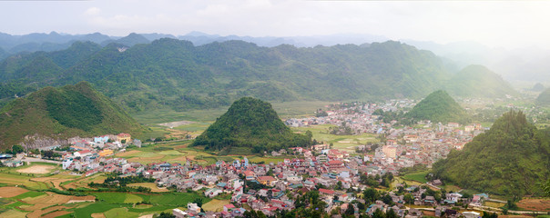 Panoramic view of the provincial town Quan Ba, Ha Giang Province, North Vietnam.