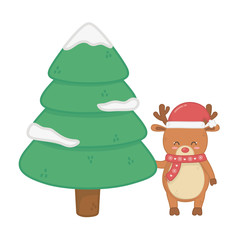 reindeer with hat and tree snow decoration merry christmas