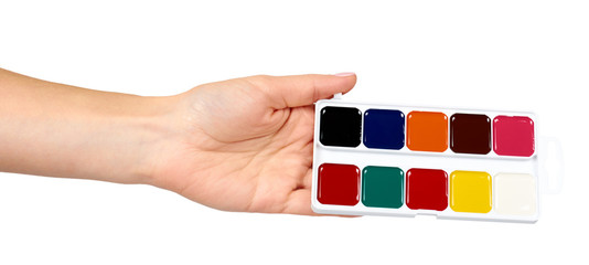 Palette with watercolors. Multicolor paints, draw supply.