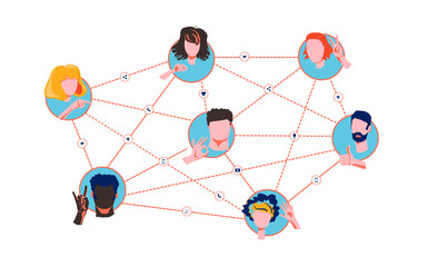 Referral network program marketing concept. Refer a friend - business strategy. Faces different nationalities and cultures gesticulate hands. Social networks, communication via mobile phone, web chats