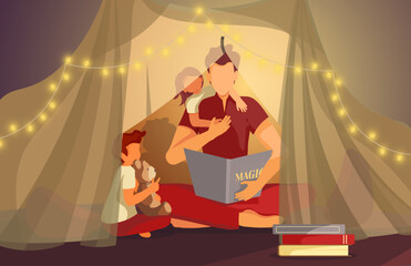 Happy family, Childhood, Parenthood, Cozy concept. Father and children are sitting in a tent and reading book. Vector illustration for poster, banner, card, cover, brochure.