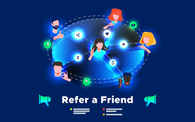 Referral network program marketing concept. Refer a friend - business strategy. Faces different nationalities and cultures gesticulate hands. Social networks, communication via mobile phone, web chats