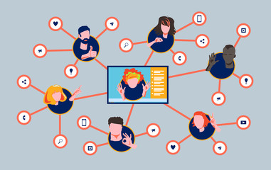 Referral network program marketing concept. Refer a friend - business strategy. Faces different nationalities and cultures gesticulate hands. Social networks, communication via mobile phone, web chats