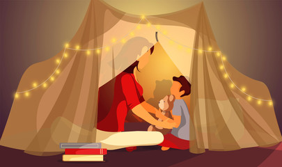 Happy family, Childhood, Motherhood, Parenthood, Cozy concept. Mother and child are sitting in a tent. Vector illustration for poster, banner, cover, postcard, card.