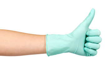 Hand with rubber glove, protection uniform, medicine safety and care concept.
