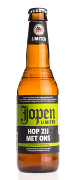 GRONINGEN, NETHERLANDS - DECEMBER 18, 2017: Bottle of Jopen Hop Zij Met Ons beer isolated on a white background