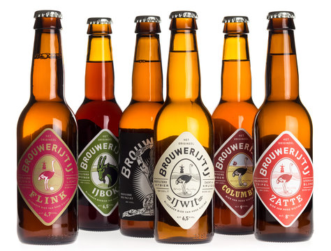 GRONINGEN, NETHERLANDS - DECEMBER 19, 2017: Collection of Dutch craft beers bij brewery Brouwerij t IJ, isolated on a white background