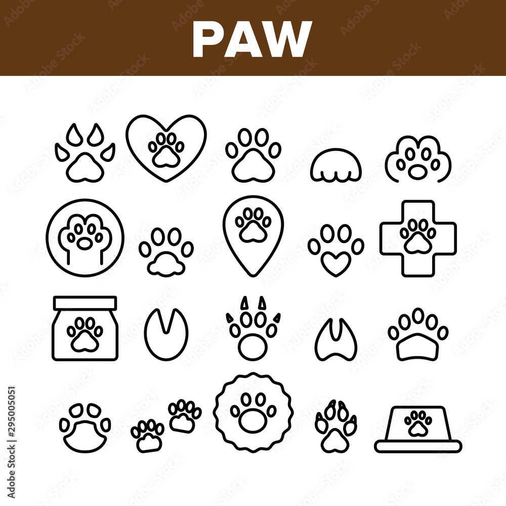 Wall mural Paw Animal Collection Elements Icons Set Vector Thin Line. Cat And Dog, Horse And Pig, Elephant And Bear Paw In Heart Form And Laptop Screen Concept Linear Pictograms. Monochrome Contour Illustrations