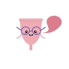 Cute cartoon menstrual cups character in glasses with speech bubble, talking, giving advice or information. 