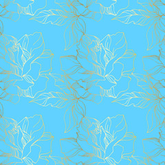 Vector Rose floral botanical flowers. Blue and gold engraved ink art. Seamless background pattern.