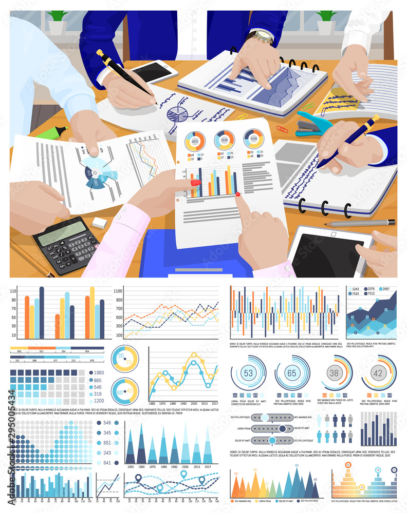 Poster infographic and flowcharts, business conference vector. meeting of workers discussing results of gra
