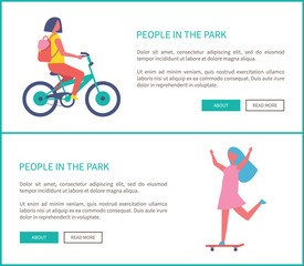 People in park, girl riding bike and woman skateboarding cartoon style web posters. Teenager in casual clothes and backpack cycling in park or city road