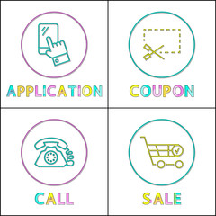 Application and coupon, call and sale linear outline style. Gadget concept signs and website design simple line symbols in circles vector illustration