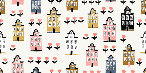 Seamless pattern, hand drawn scandinavian houses