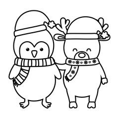 reindeer and penguin with hats decoration merry christmas line style
